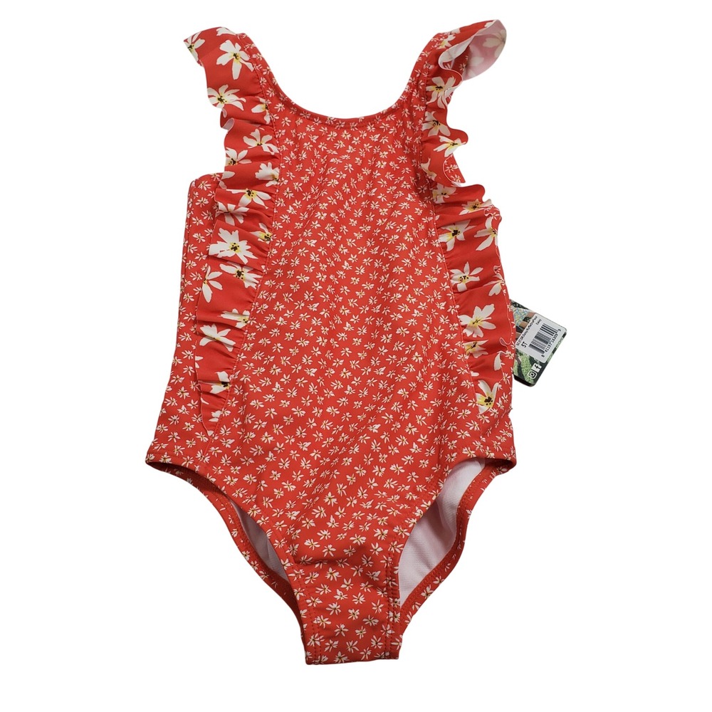 SwimZip‎ Girls Daisy Ruffle One Piece Swimsuit 5T Red Floral